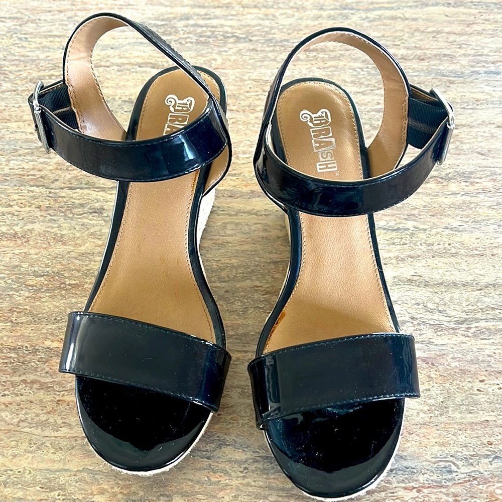 NWOT Brash Black Patent Leather Espadrille Wedge Heels ~ 7.5